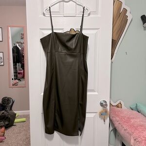 Express Body Contour Faux Leather Cami Midi Dress in Olive, Size XL